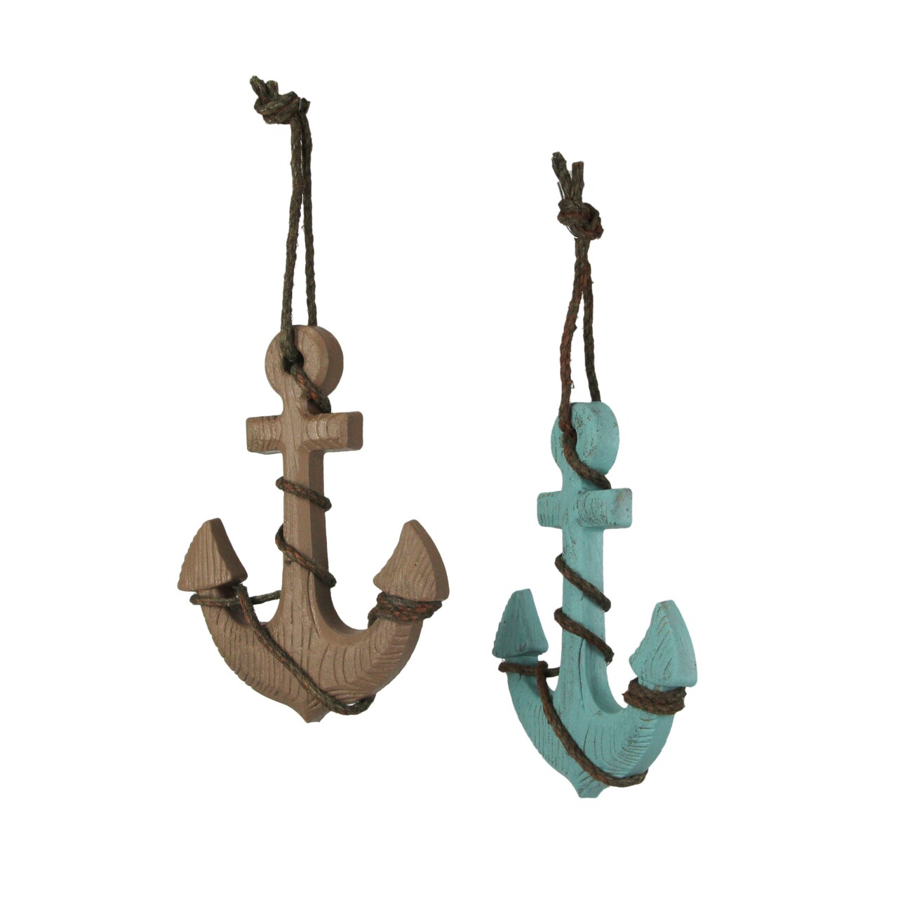 Set of 2 Wooden Ship Anchor Wall Hangings Blue and Brown 8.75 Inches High